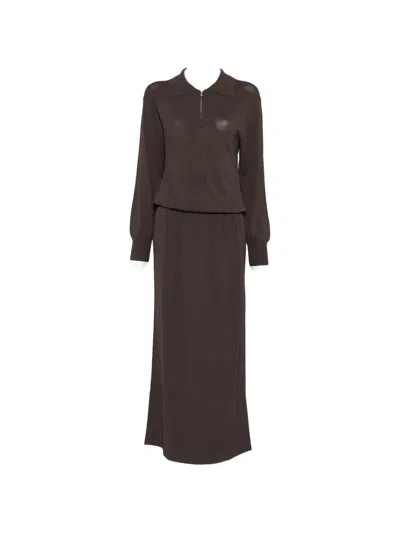 Brandon Maxwell Sabine Quarter-zip Maxi Dress In Brown
