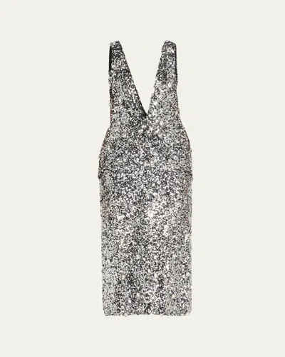 Brandon Maxwell Santha Plunging Draped Sequin Midi Dress In Silver