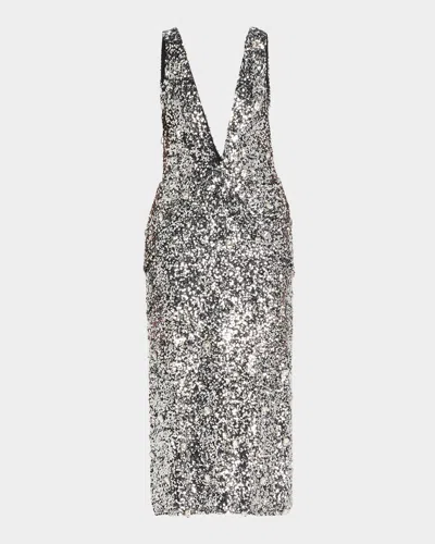BRANDON MAXWELL SANTHA PLUNGING DRAPED SEQUIN MIDI DRESS