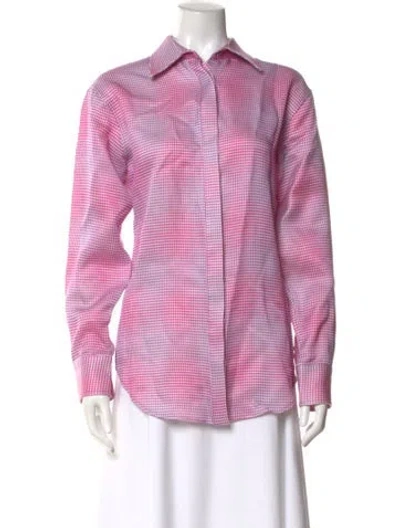 Pre-owned Brandon Maxwell Silk Plaid Print Button-up Top In Purple