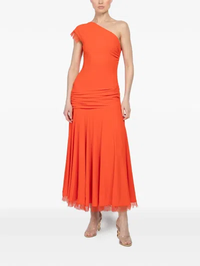 Brandon Maxwell Tess One-shoulder Ruched Midi Dress In Orange