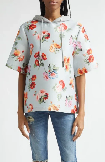 Brandon Maxwell The Aine Floral Short Sleeve Virgin Wool & Silk Faille Hoodie In Multi