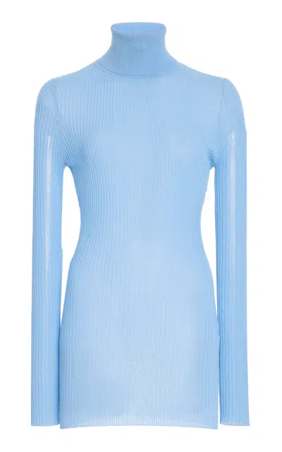Brandon Maxwell The Bobbi  Sheer Knit Cotton-blend Turtleneck In Blue