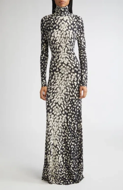 BRANDON MAXWELL BRANDON MAXWELL THE CAMILLE HAND-PRINTED LONG SLEEVE CASHMERE TURTLENECK SWEATER DRESS