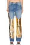 BRANDON MAXWELL THE CORTLANDT DENIM PANT W/ METALLIC LEATHER COMBO