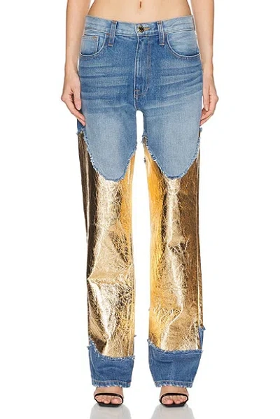 BRANDON MAXWELL THE CORTLANDT DENIM PANT W/ METALLIC LEATHER COMBO