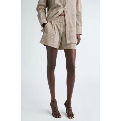 Brandon Maxwell The Essie Pleated Stripe Cotton Shorts In Chocolate Stripe