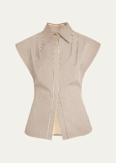 Brandon Maxwell The Gabi Button-front Shirt With Pleated Shoulder Detail In Chocolate Stripe
