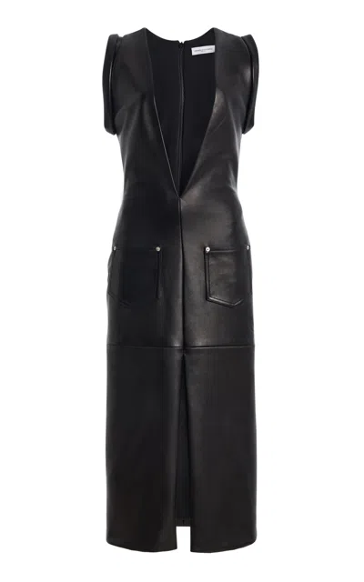 Brandon Maxwell The Gia Plunged Leather Midi Dress In Black