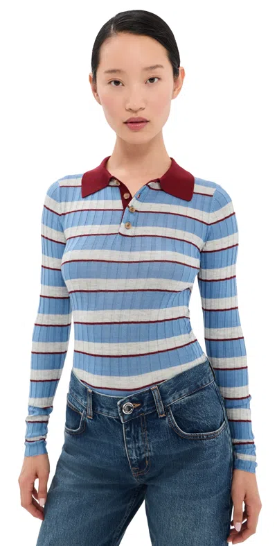 Brandon Maxwell The Joni Silk Cashmere Blend Knit Polo Top Blue Stripe