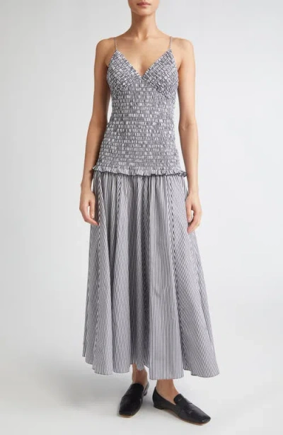 Brandon Maxwell The Josie Stripe Smocked Cotton Dress In Gray