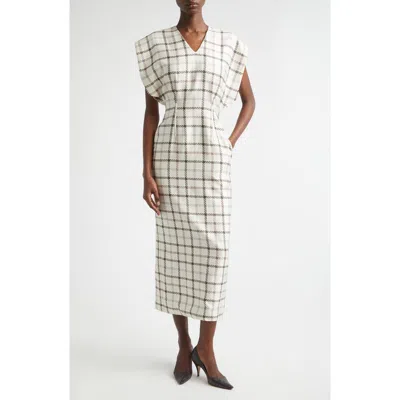Brandon Maxwell The Keaton Windowpane Plaid Virgin Wool & Silk Midi Dress In Gray