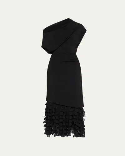 Brandon Maxwell The Lainey Asymmetric Draped 3d Petal Dress In Black