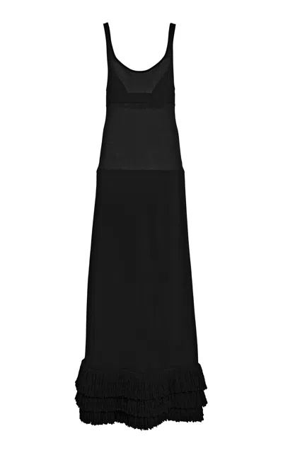 Brandon Maxwell The Lineisy  Fringed Knit Maxi Skirt In Black