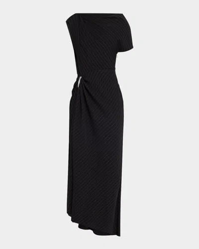 Brandon Maxwell The Lowery Asymmetric Draped Dress In Black White Pinstripe