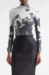 Brandon Maxwell The Maven Paillette Cow Print Mock Neck Top In Multi