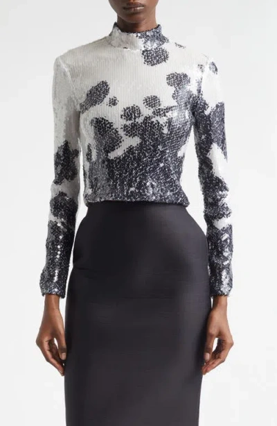 Brandon Maxwell The Maven Paillette Cow Print Mock Neck Top In Multi