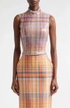 Brandon Maxwell The Piper Paillette Plaid Mock Neck Top In Orange
