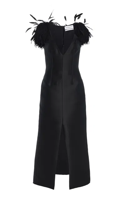 Brandon Maxwell The Reeve  Feather-trimmed Wool-silk Midi Dress In Black