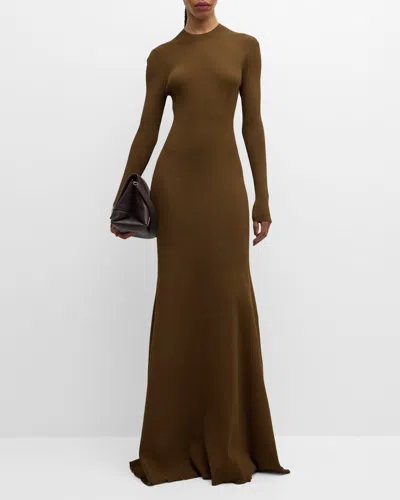 BRANDON MAXWELL VANESSA LONG-SLEEVE RIB-KNIT A-LINE MAXI DRESS