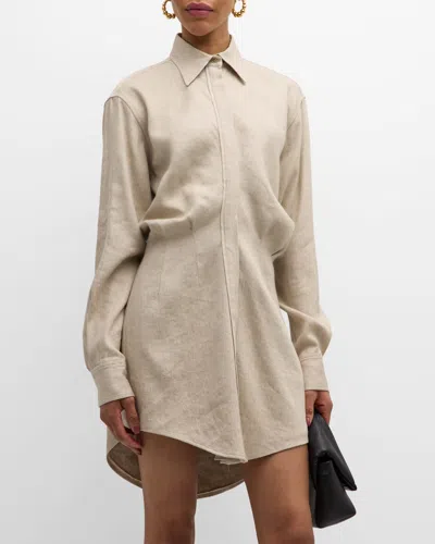 Brandon Maxwell Vera Long-sleeve Linen Mini Shirtdress In Sand
