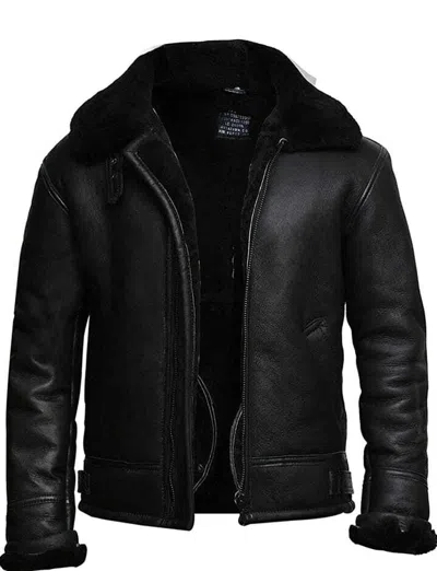 Pre-owned Brandslock Mens Aviator Real Shearling Sheepskin Leather Bomber Flying Jacket In Black