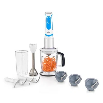 Braun Multiquick Spiralizer And Hand Blender With 3 Spiralizing Blades, Blending Wand, 5-cup Chopper, And  In Blue