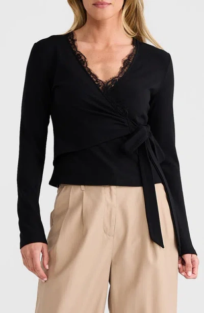 Brave + True Brave+true Brigitte Lace Trim Wrap Top In Black