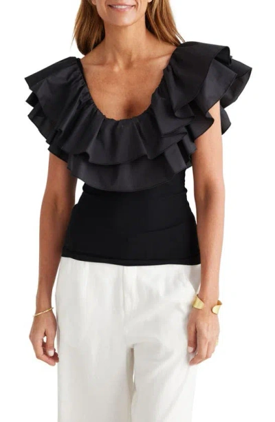 Brave + True Callie Mixed Media Double Ruffle Top In Black