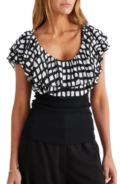 Brave + True Callie Windowpane Print Double Ruffle Mixed Media Top In Baseline