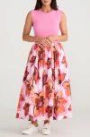 Brave + True Brave+true Daphne Floral Sleeveless Mixed Media Dress In Azalea