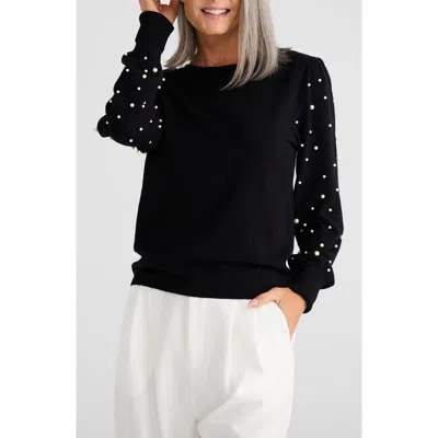 Brave + True Brave+true Dominica Faux Pearl Sleeve Knit Top In Black