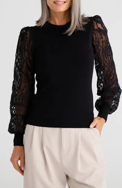 Brave + True Brave+true Janelle Embroidered Organza Sleeve Knit Top In Black