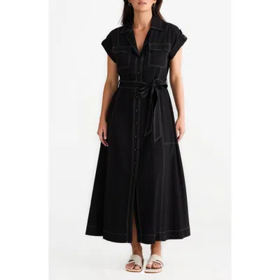 Brave + True Brave+true Portia Cotton & Linen Blend Maxi Shirtress In Black