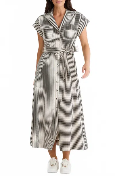 BRAVE + TRUE PORTIA SHORT CUFFED SLEEVE STRIPED COLLARED MIDI DRESS IN BLACK/WHITE