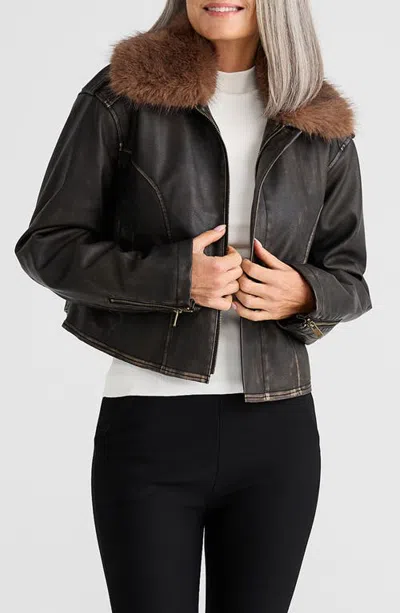Brave + True Brave+true Rowan Faux Leather Jacket With Detachable Faux Fur Collar In Brown