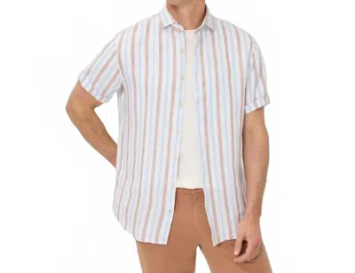 Brax Hardy Linen Mix Short Sleeved Shirt In Beige/ Light Blue Stripe In White
