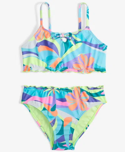 Breaking Waves Kids' Big Girls 2-pc. Wavy Palm Lettuce-edge Swimsuit In Multi