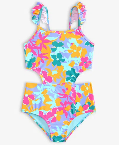 Breaking Waves Kids' Big Girls Flower Sunset Flutter-strap Cut-out One-piece Swimsuit In Multi