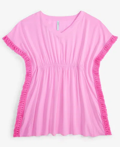 Breaking Waves Kids' Big Girls Fringed-detail Kimono Swim Cover-up In Pink