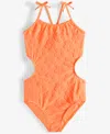 Breaking Waves Big Girls Terry Texture Cut-out One-piece Swimsuit In Orange