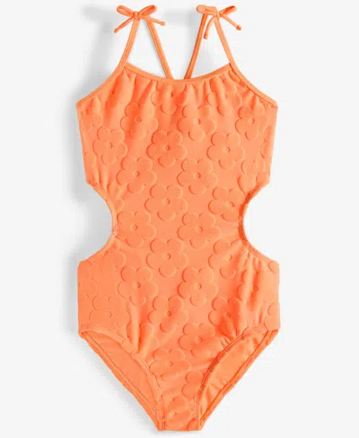 Breaking Waves Kids' Big Girls Terry Texture Cut-out One-piece Swimsuit In Orange