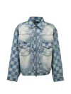 Breath Check-pattern Distressed Denim Jacket In Blue