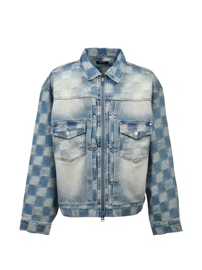 Breath Check-pattern Distressed Denim Jacket In Blue
