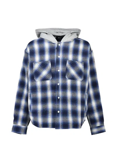 Breath Check-pattern Hooded Shirt In Blue