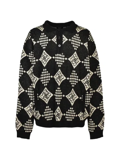 Breath Diamond-knit Polo Sweater In Black