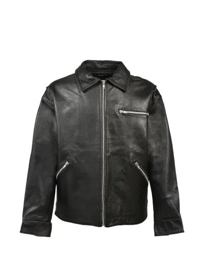 Breath Grunge Zip-up Grained Leather Jacket In Black