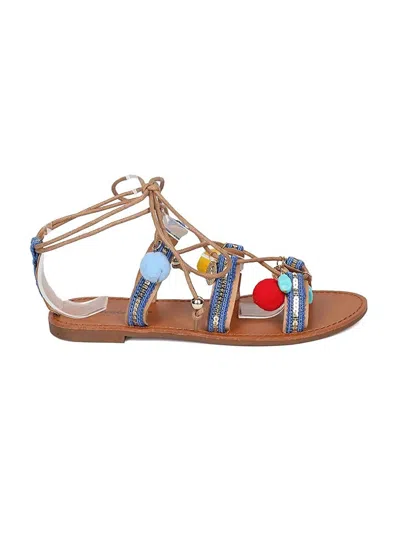 Breckelles Women's Kylee Pom Pom Open Toe Tie Up Gladiator Sandals In Natural Nude In Multi