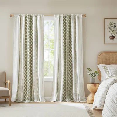 Breebe 1 Pcs 50x84' Cotton Printed Curtain Panel With Chenille Stripe And Lining Green In White