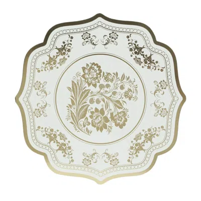 Breebe 10 Pack Cardboard Paper Table Mats With White Gold Damask Floral Pattern, 13" Round Disposable Place
